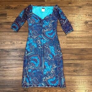Le Chateau Y2K Boho Paisley Blue Bodycon Dress Ruched Women M Festival Party